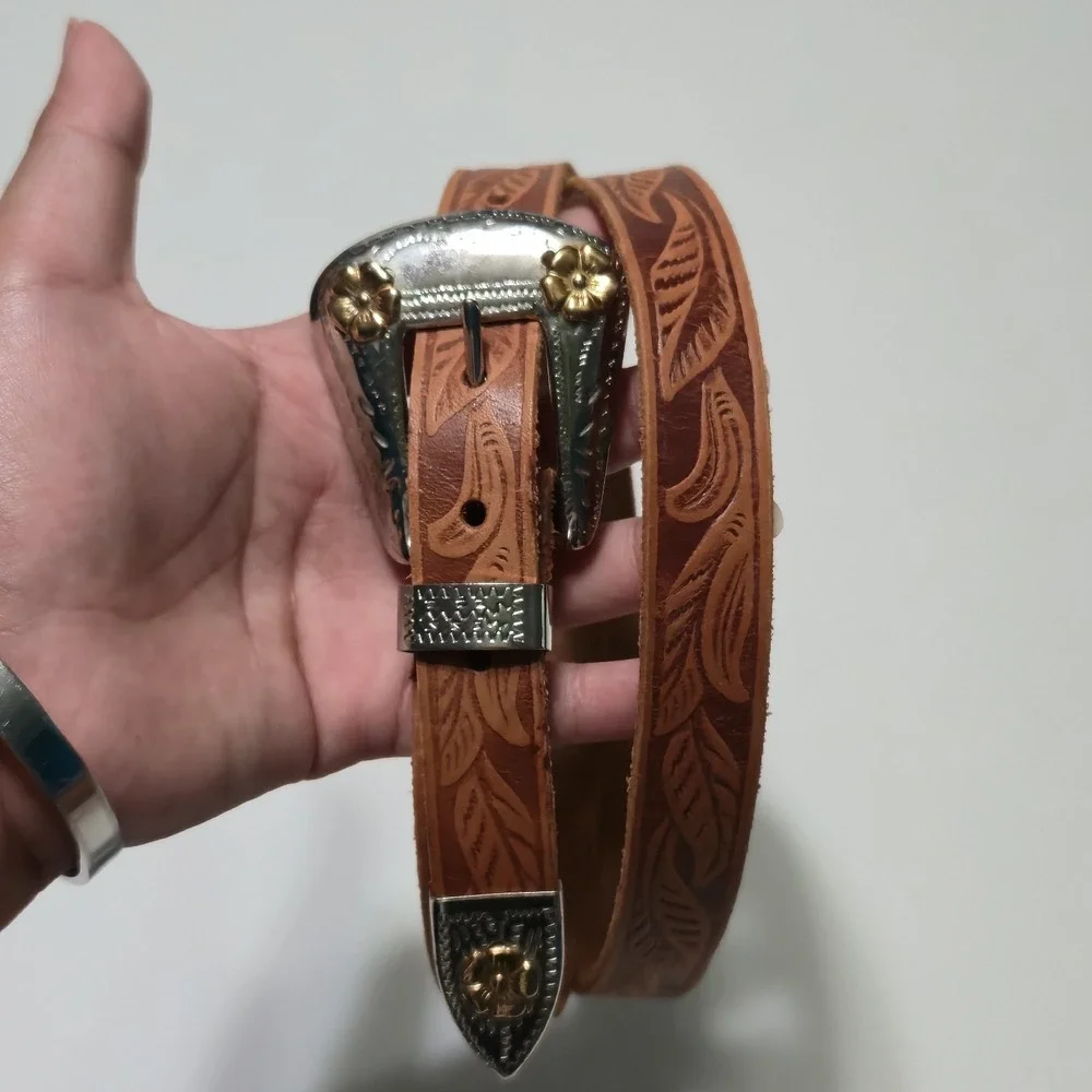 Vintage Western Ranger Belt Brown Tooled Leather Silver Buckle Gold Flower Sz 34